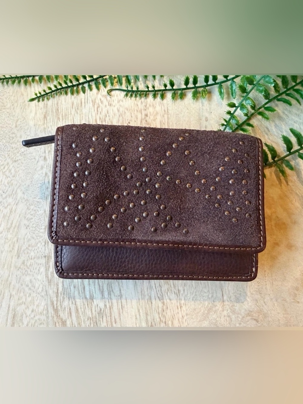 Brown Suede Studded Women's wallet / Fossil -sample / no logo / genuine leather